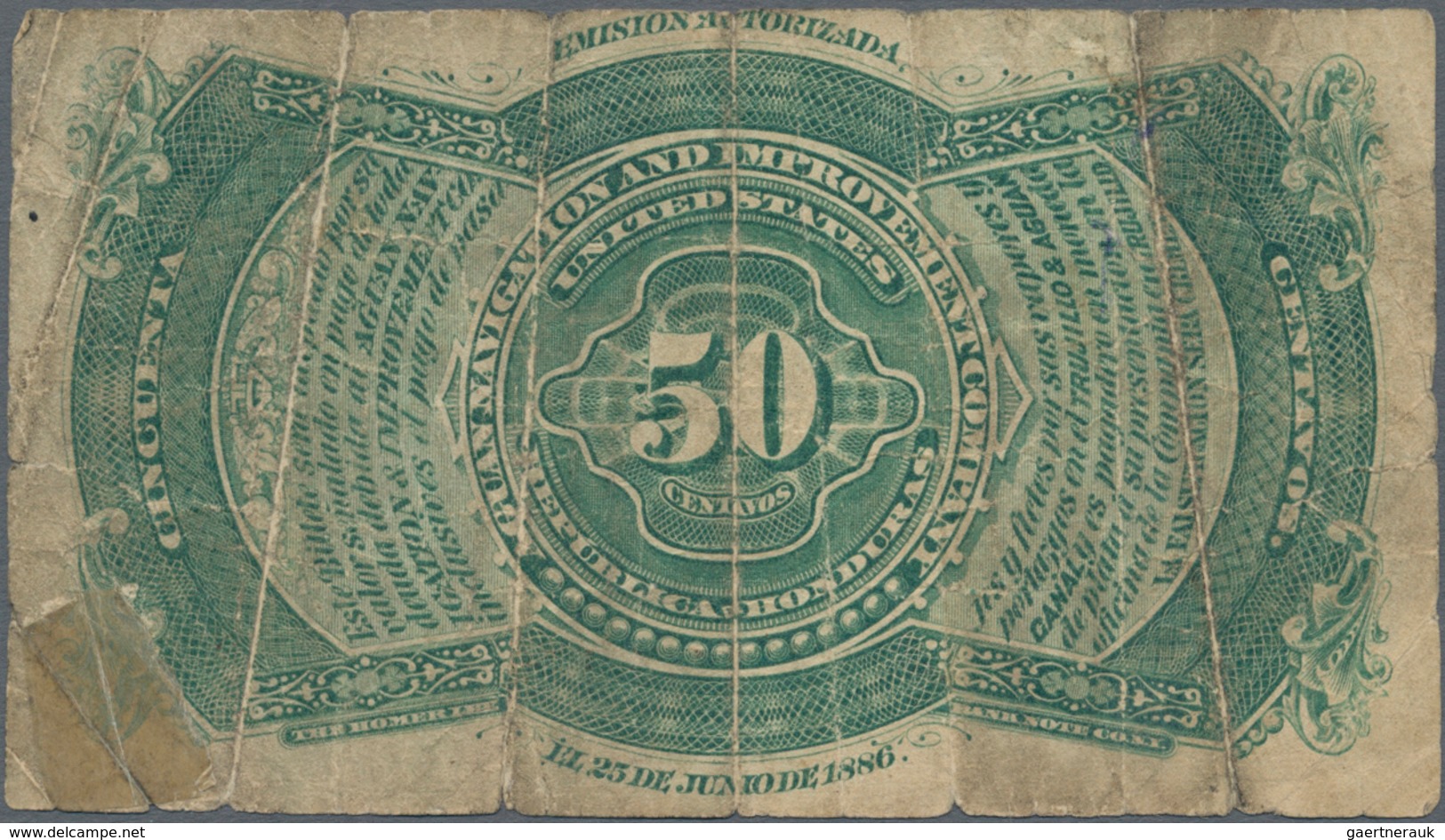 Honduras: Aguan Navigation And Improvement Company 50 Centavos 1886, P.S101, Almost Well Worn Condit - Honduras