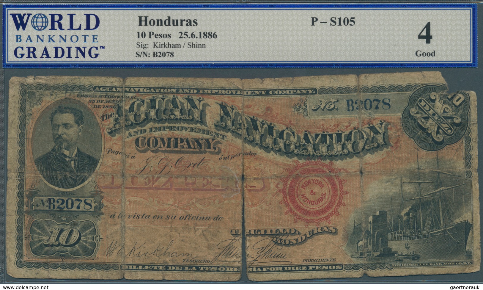 Honduras:  Aguan Navigation And Improvement Company 10 Pesos 1886, P.S105 In Well Worn Condition, Al - Honduras