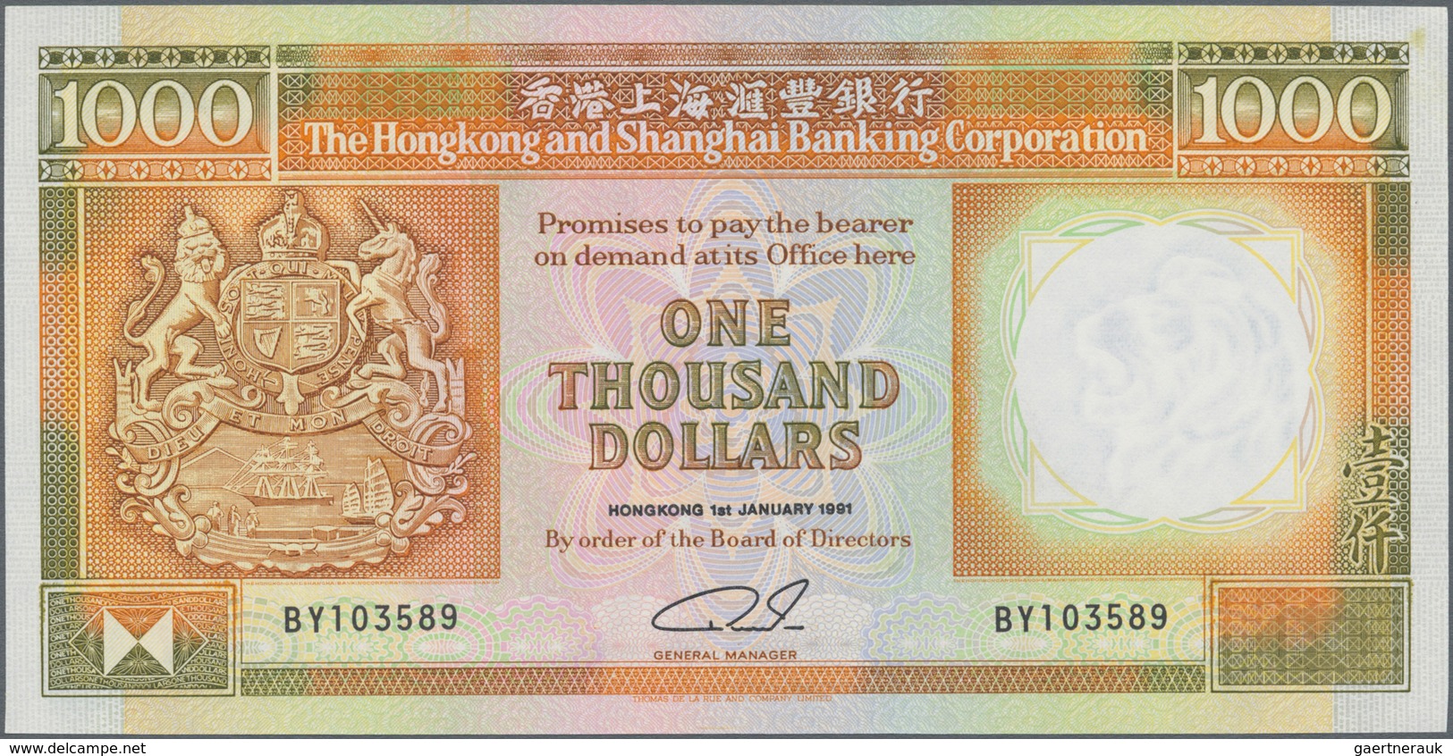 Hong Kong: Hongkong & Shanghai Banking Corporation 1000 Dollars 1991, P.199c In Perfect UNC Conditio - Hong Kong