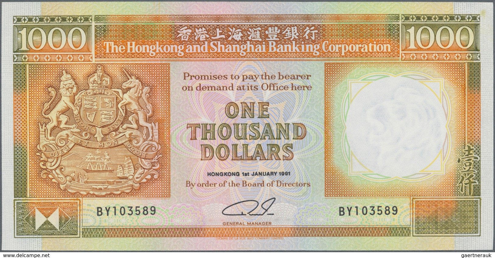 Hong Kong: Hongkong & Shanghai Banking Corporation 1000 Dollars 1991, P.199c In Perfect UNC Conditio - Hongkong