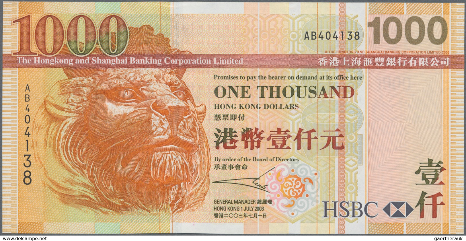 Hong Kong: Hongkong & Shanghai Banking Corporation Limited 1000 Dollars 2003, P.211a In Perfect UNC - Hong Kong