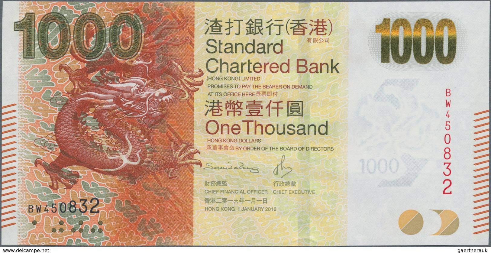 Hong Kong: Standard Chartered Bank (Hong Kong) Ltd 1000 Dollars 2016, P.301e In Perfect UNC Conditio - Hongkong