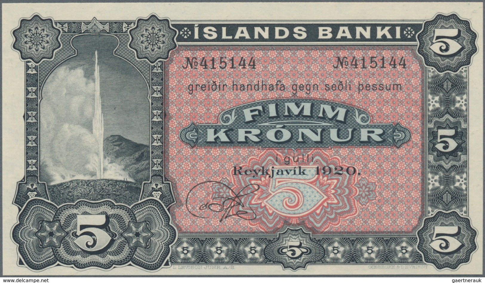 Iceland / Island: Íslands Banki 5 Kronur 1920 Remainder, P.5r In Perfect UNC Condition. - IJsland