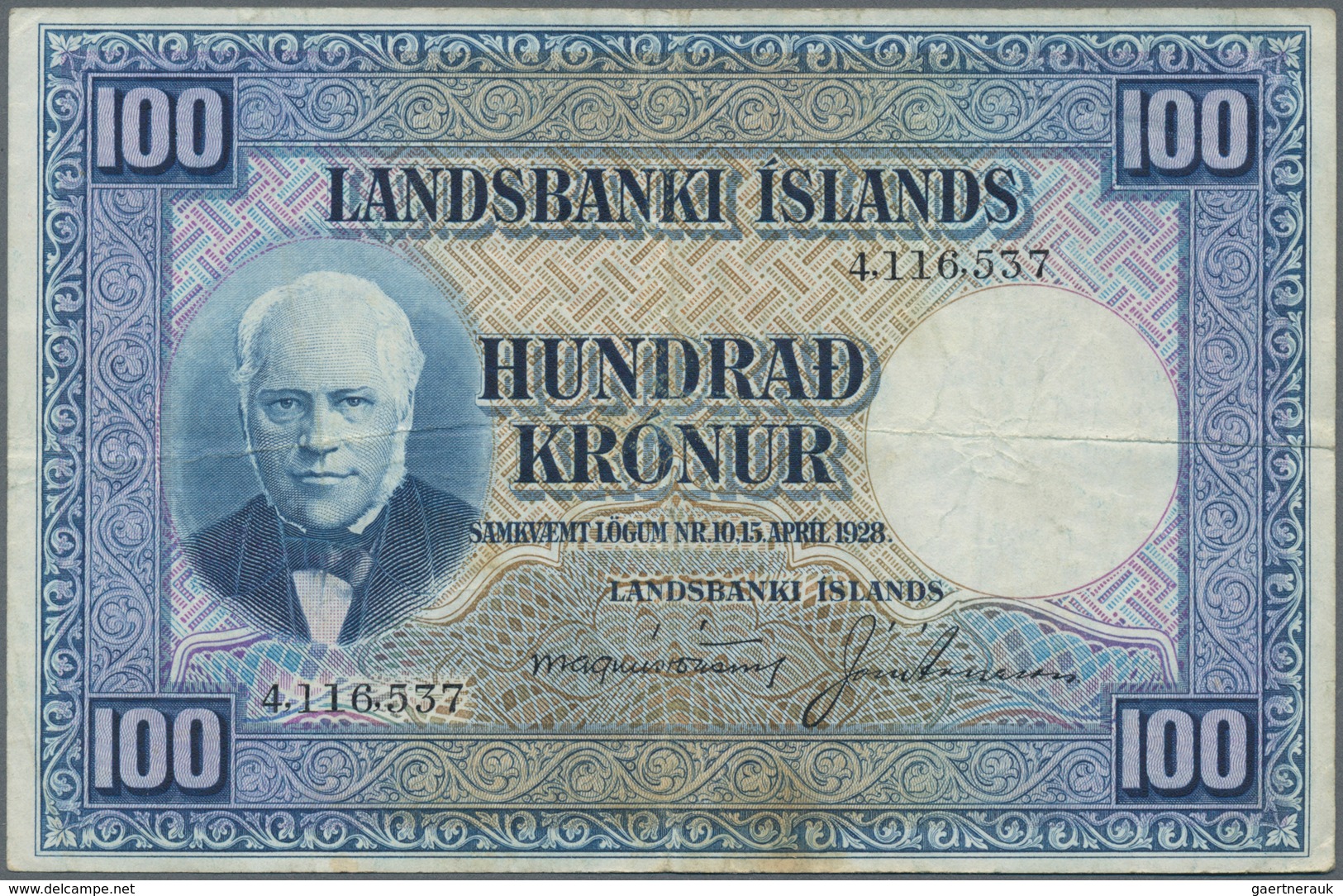 Iceland / Island: Landsbanki Íslands 100 Kronur L. 15.04.1928, P.35a, Still Nice With A Few Folds An - IJsland