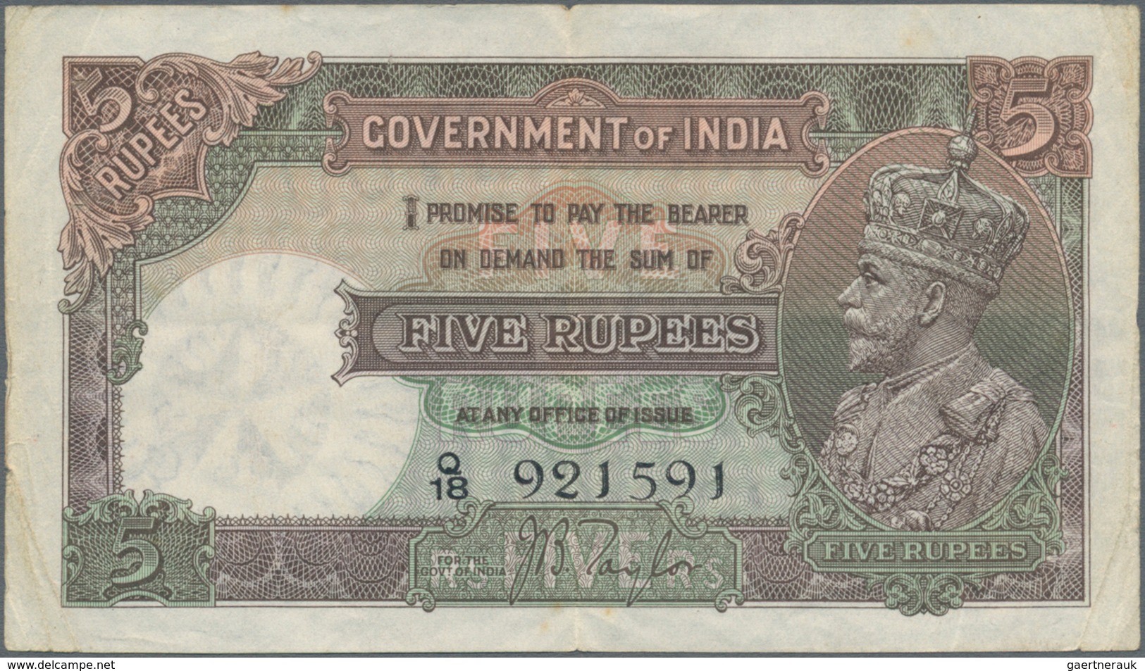 India / Indien: 5 Rupees ND Portrait KGV P. 15a, Used With Folds And Creases, Pinholes, No Repairs, - India