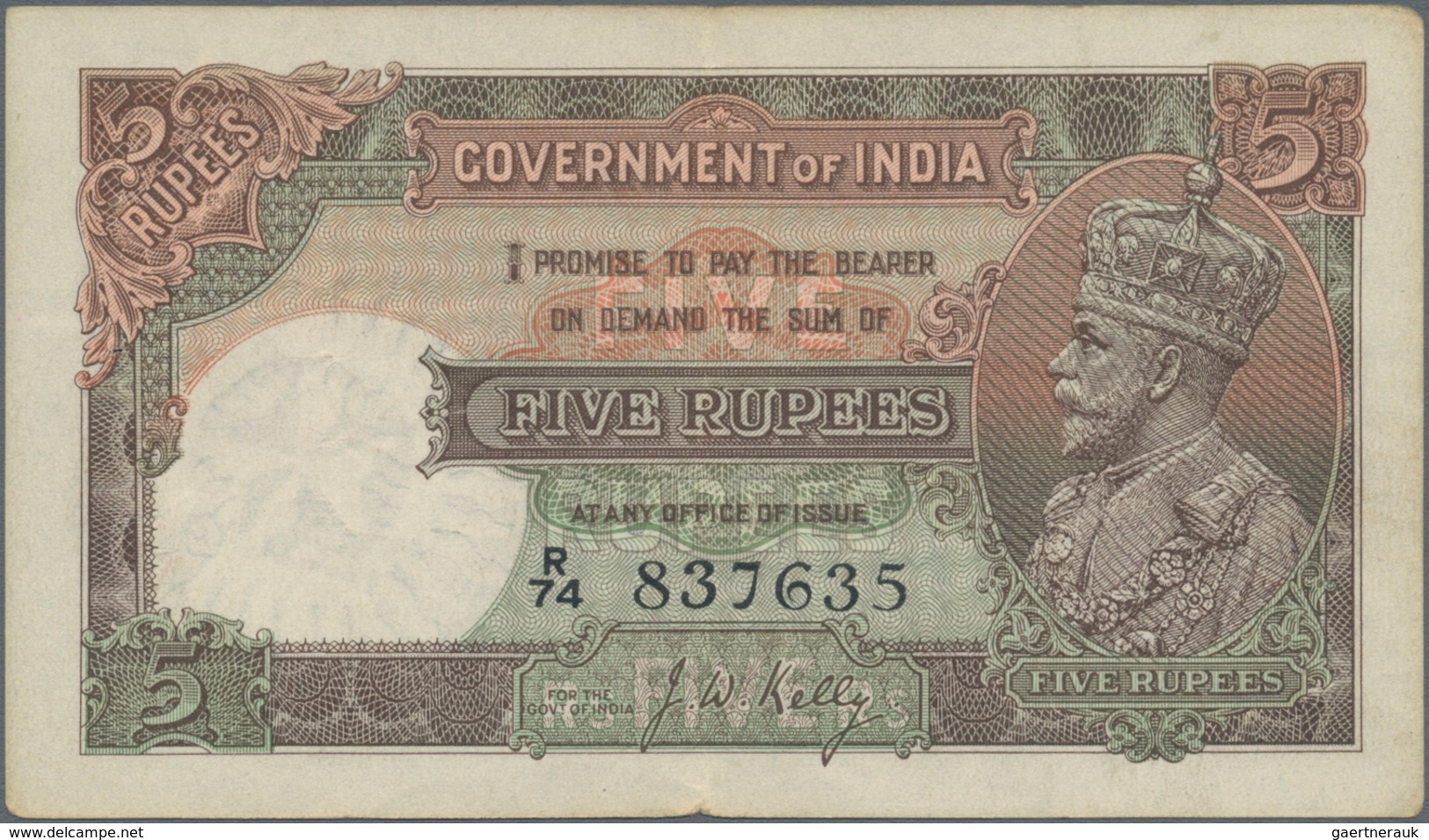India / Indien: 5 Rupees ND(1928-35) P. 15b, Light Folds In Paper, Rounded Corners, 2 Pinholes, Stil - India