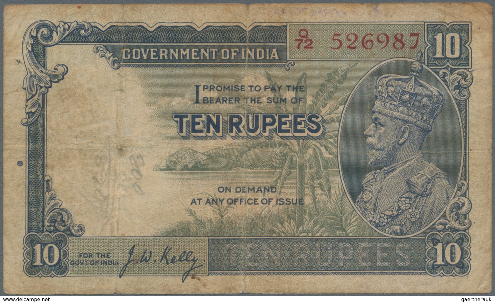 India / Indien: 10 Rupees ND(1928-32) P. 16b, Stronger Used With Strong Folds, Writings And Stain In - India