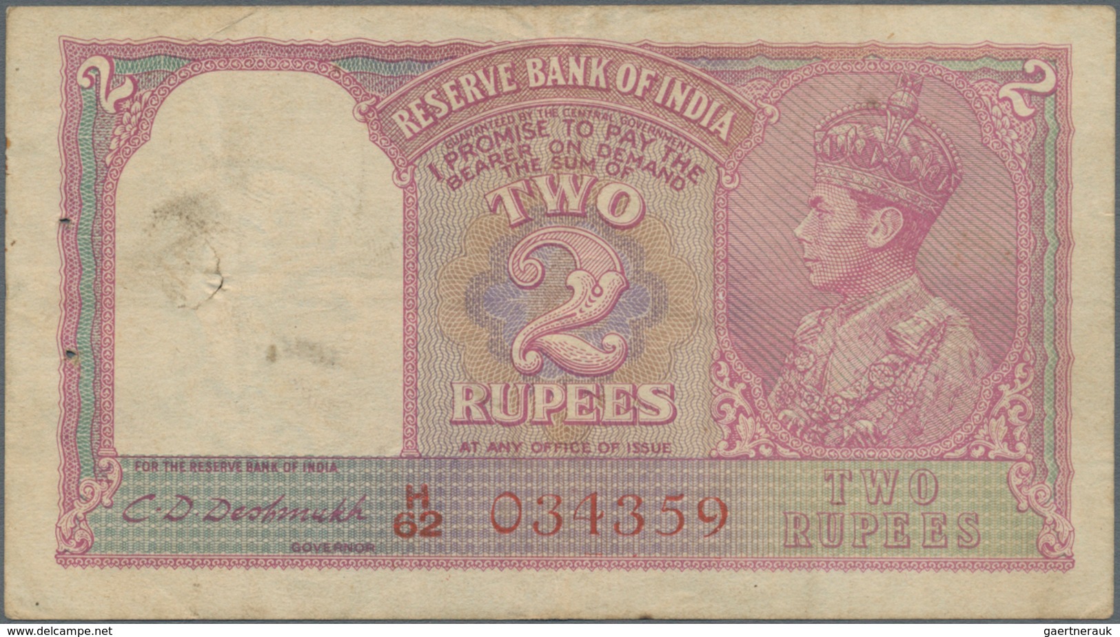 India / Indien: 2 Rupees ND(1943) P. 17b, Rarely Seen With RED TYPE Serial Number, Used With Folds A - India