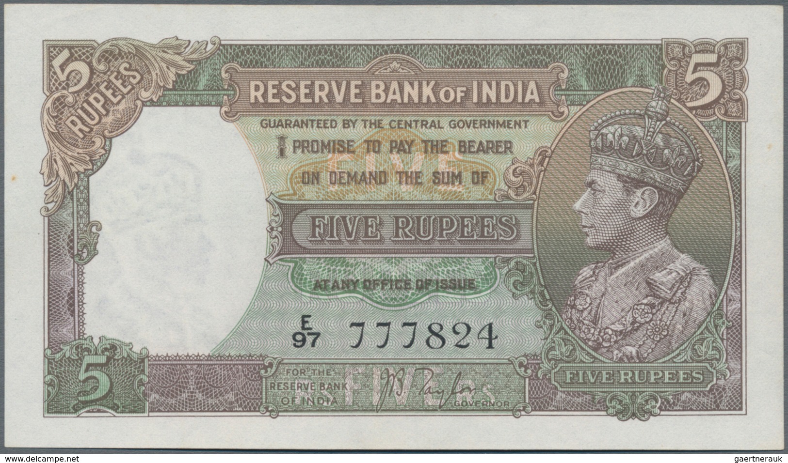 India / Indien: 5 Rupees ND(1937) With Signature: Taylor, P.18a, Without Pinholes, Just A Stronger C - India