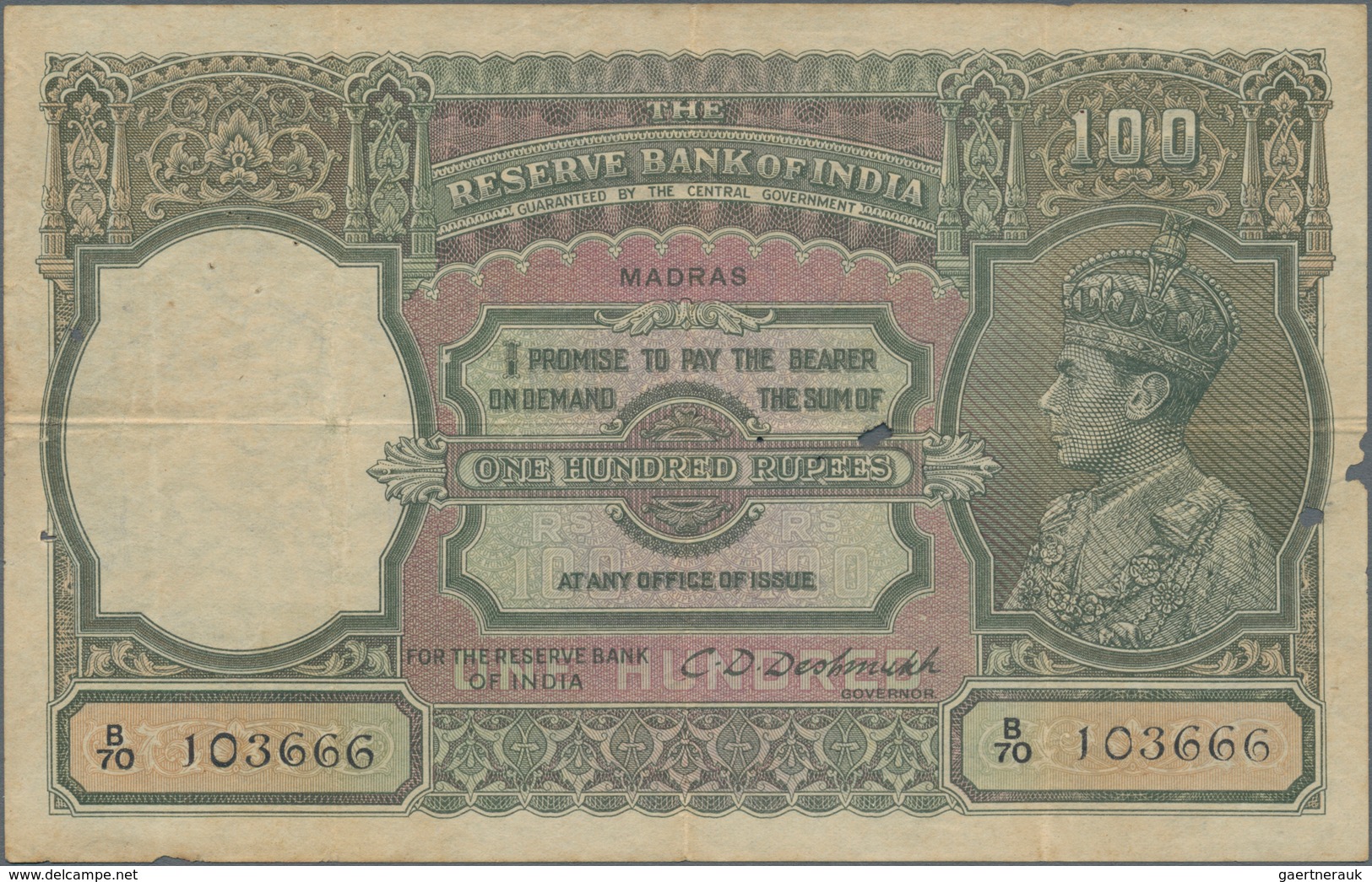 India / Indien: 100 Rupees ND(1943) Portrait KGIV P. 20o, MADRAS Issue, Used With Folds And Pinholes - India