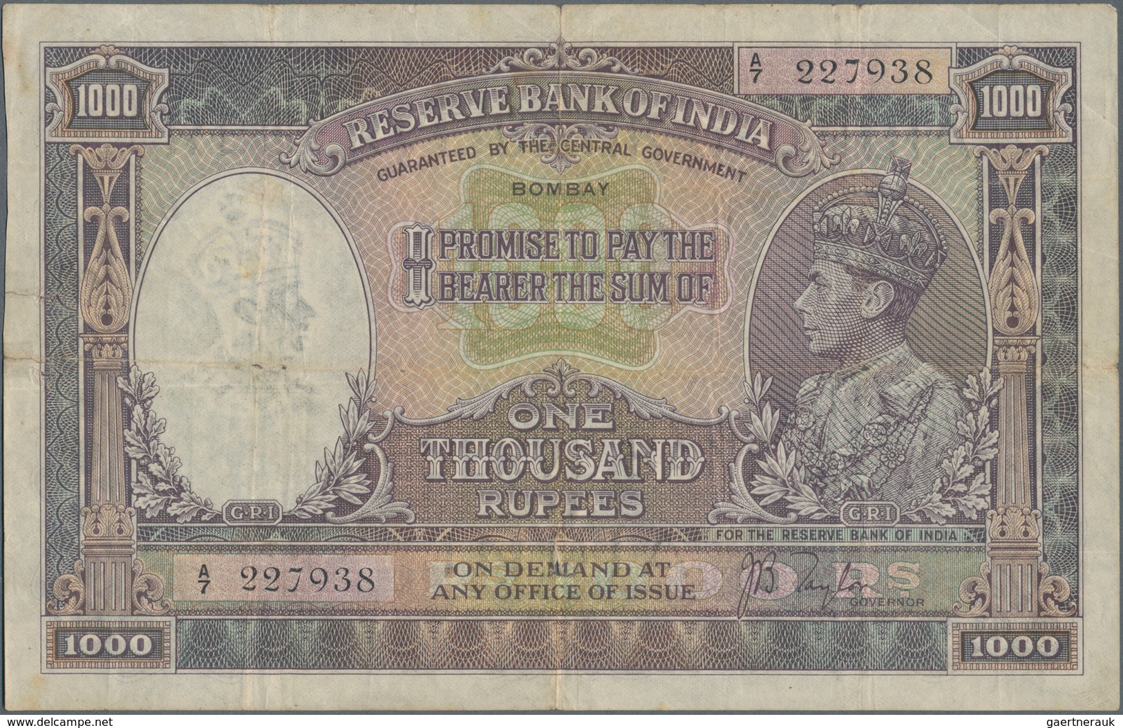 India / Indien: Reserve Bank Of India 1000 Rupees ND(1937), Place Of Issue BOMBAY, P.21a, Small Bord - Indien