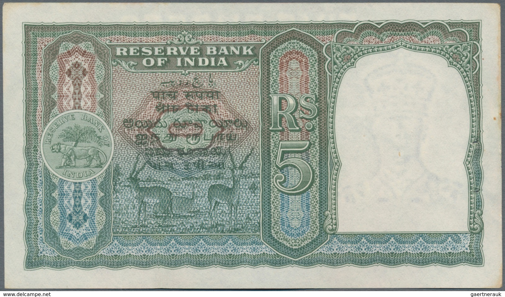 India / Indien: Reserve Bank Of India 5 Rupees ND(1943) With Black Serial Numbers, P.23a, Staple Hol - India