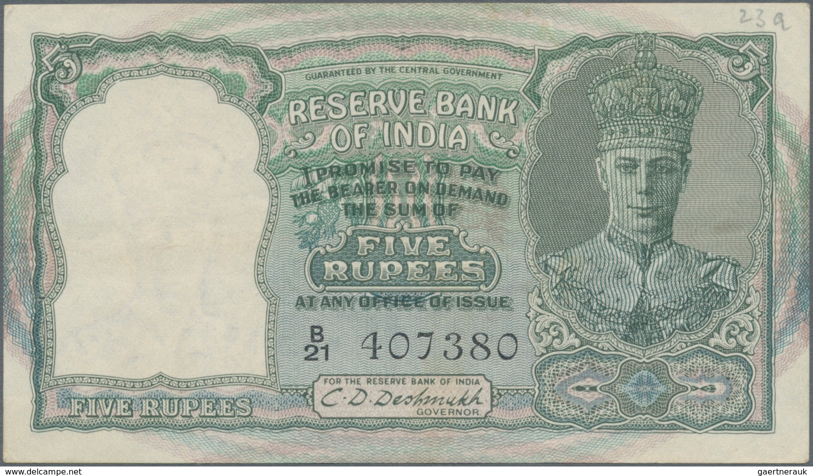 India / Indien: 5 Rupees ND(1943) P. 23a, Light Folds In Paper, Black Serial Number, Usual Pinholes, - India