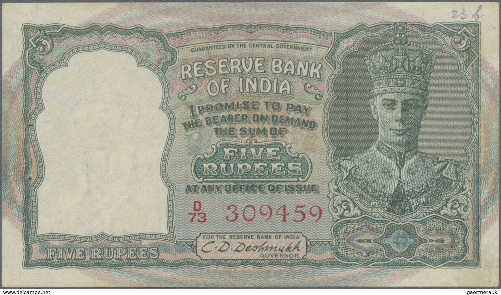 India / Indien: 5 Rupees ND(1943) P. 23a, Light Folds In Paper, Red Serial Number, Usual Pinholes, O - India