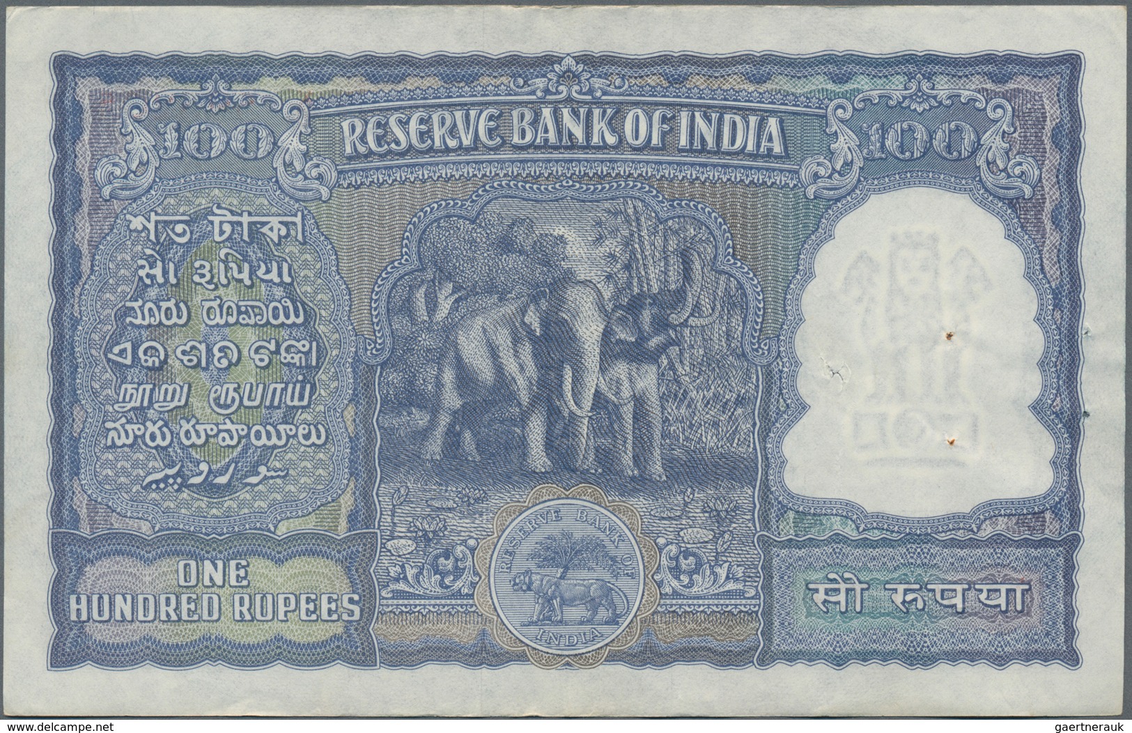 India / Indien: Reserve Bank Of India 100 Rupees ND(1949-57) With Red Serial Number, P.42b, Staple H - Indien