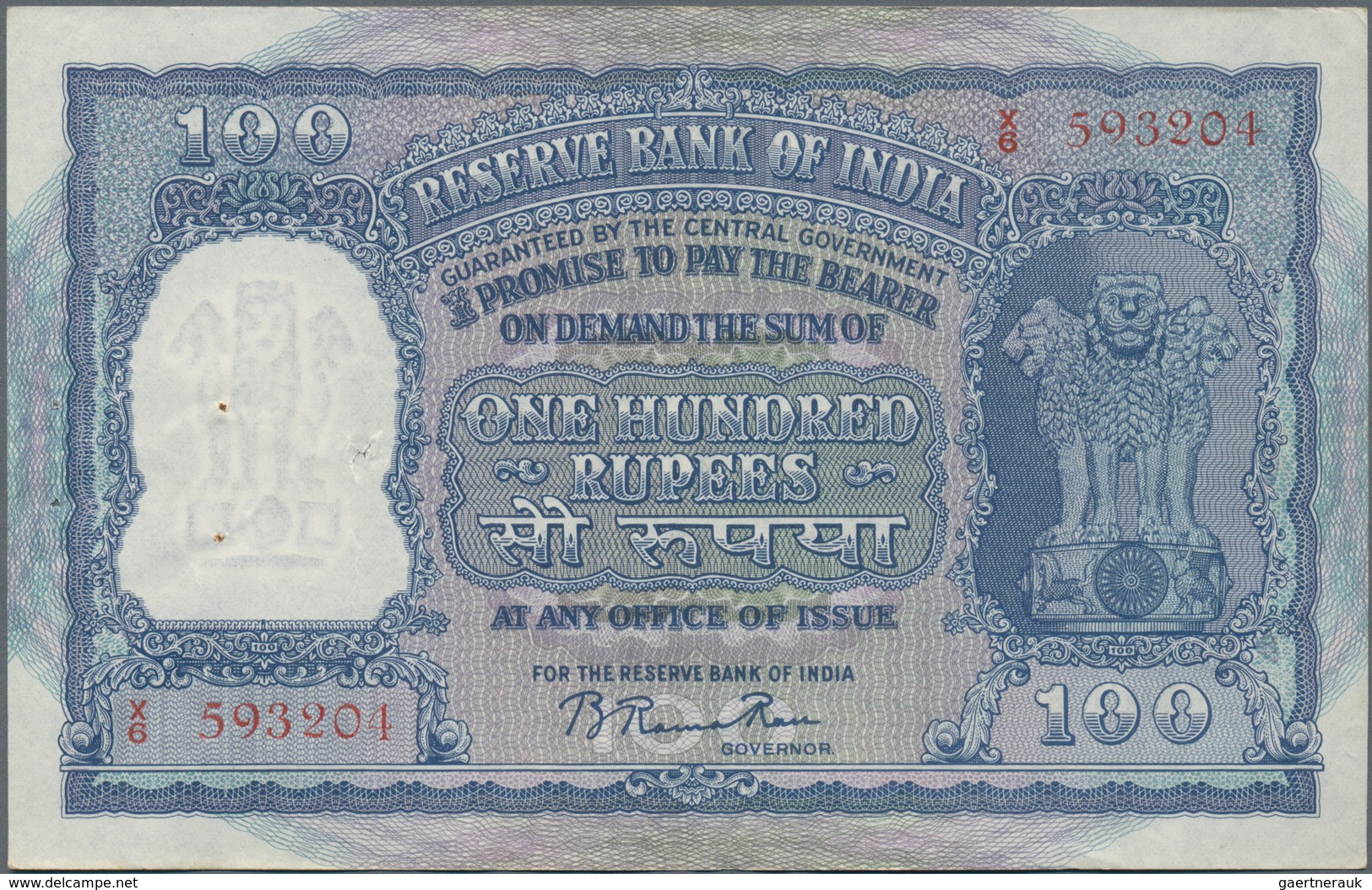 India / Indien: Reserve Bank Of India 100 Rupees ND(1949-57) With Red Serial Number, P.42b, Staple H - Indien