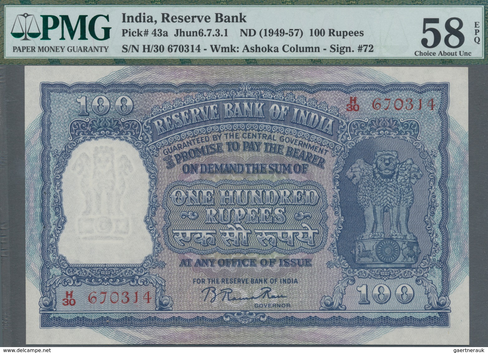 India / Indien: 100 Rupees ND(1949-57), P.43a In UNC With Staple Holes As Usually, PMG Graded 58 Cho - India