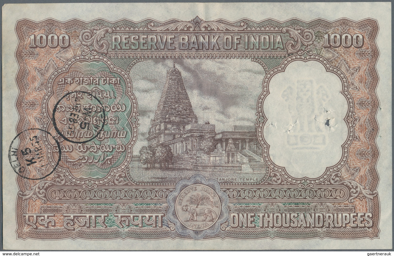 India / Indien: Reserve Bank Of India 1000 Rupees ND(1949-57) Place Of Issue: DELHI, P.46c, Larger S - Indien