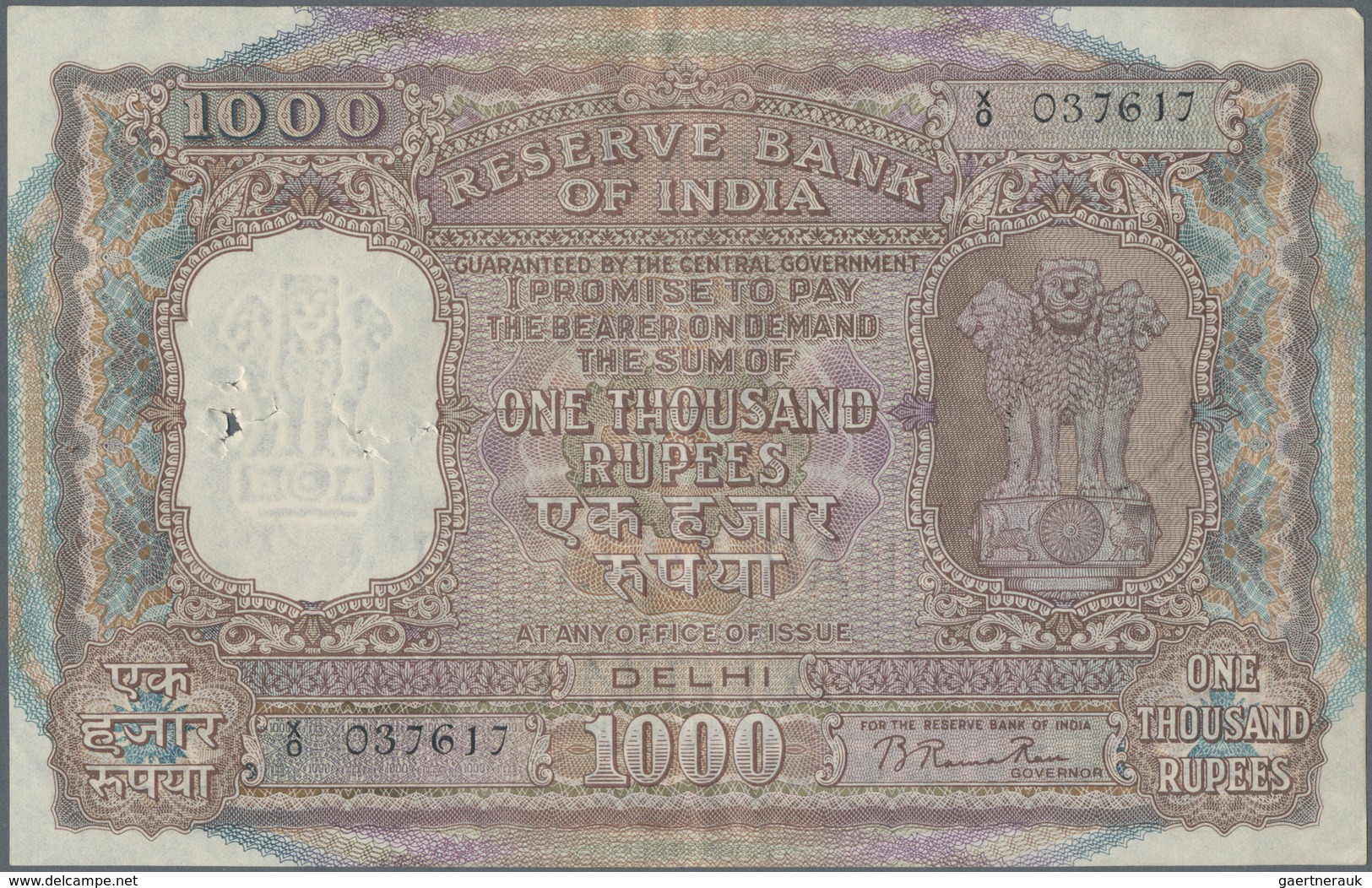 India / Indien: Reserve Bank Of India 1000 Rupees ND(1949-57) Place Of Issue: DELHI, P.46c, Larger S - India