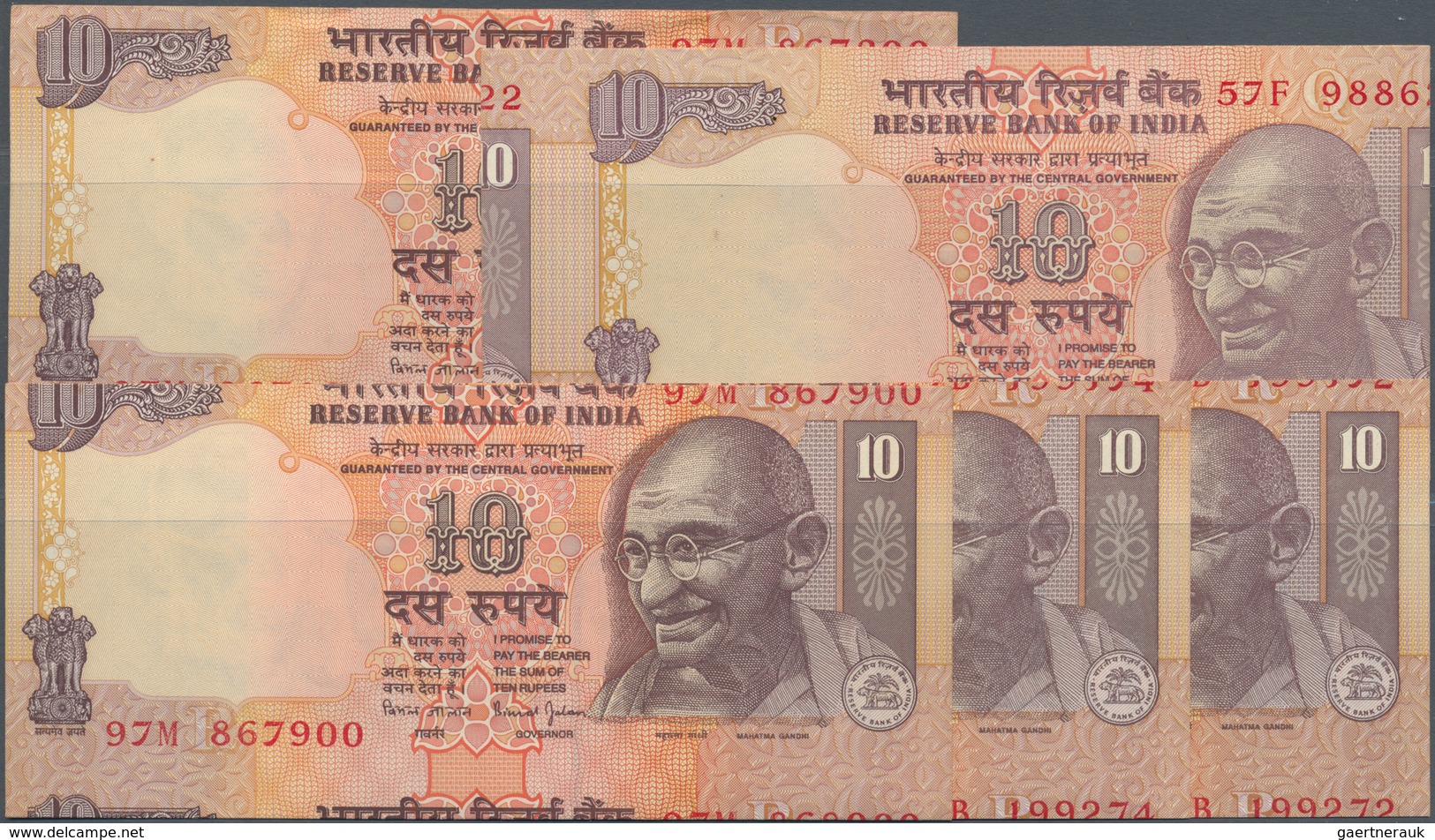 India / Indien: Set Of 5 Miscut Error Notes Of 10 Rupees 1996 P. 87c, 89c, All In Condition: UNC. (5 - India