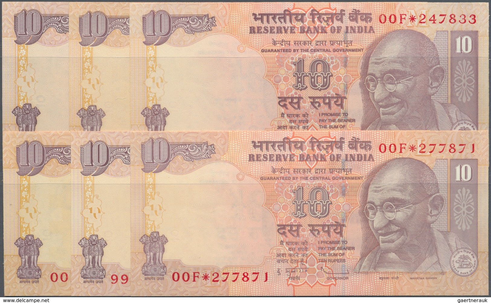 India / Indien: Set Of 6 Notes Of 10 Rupees Replacement Banknote P. 95, All In Condition: UNC. (6 Pc - India