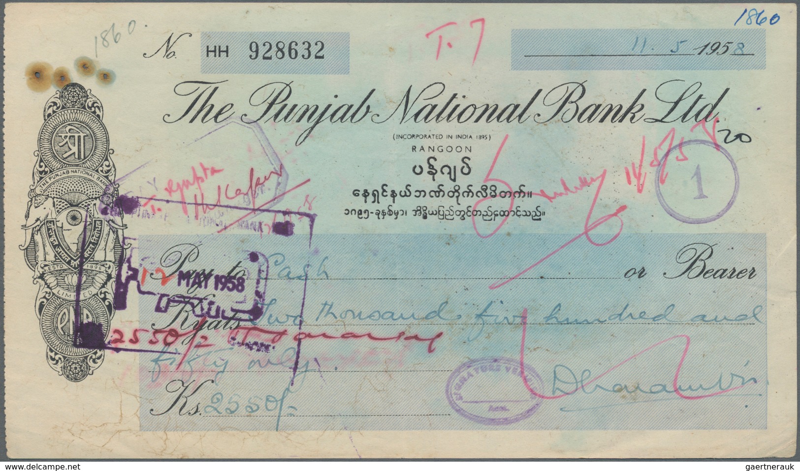 India / Indien: Cheque Of The Punjab National Bank Ltd., Rangoon For 2550 Kyats Dated 1958 With Hand - Indien