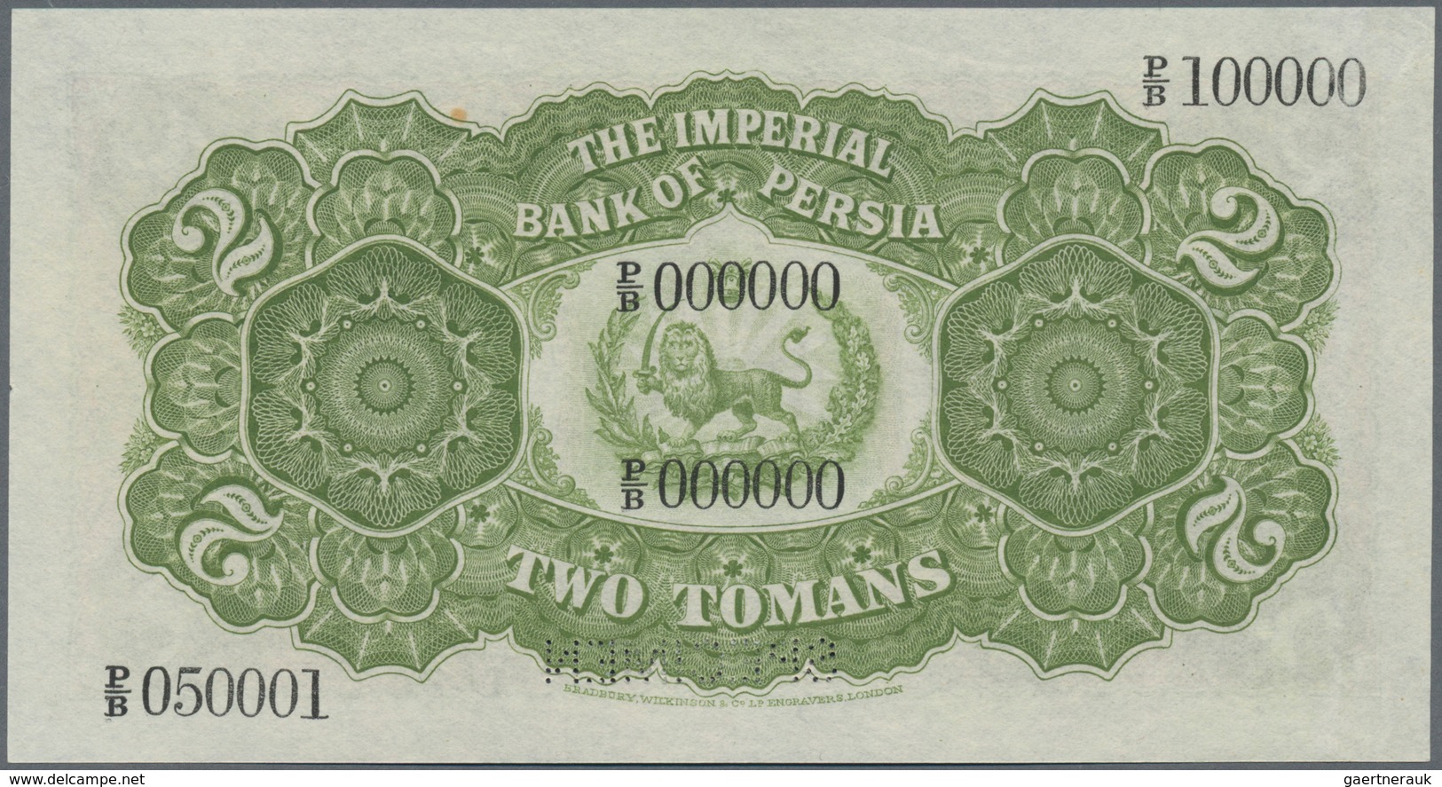 Iran: Imperial Bank Of Persia 200 Tomans 1890-1923 Specimen With Serial Numbers P/B 000000 And P/B 0 - Irán