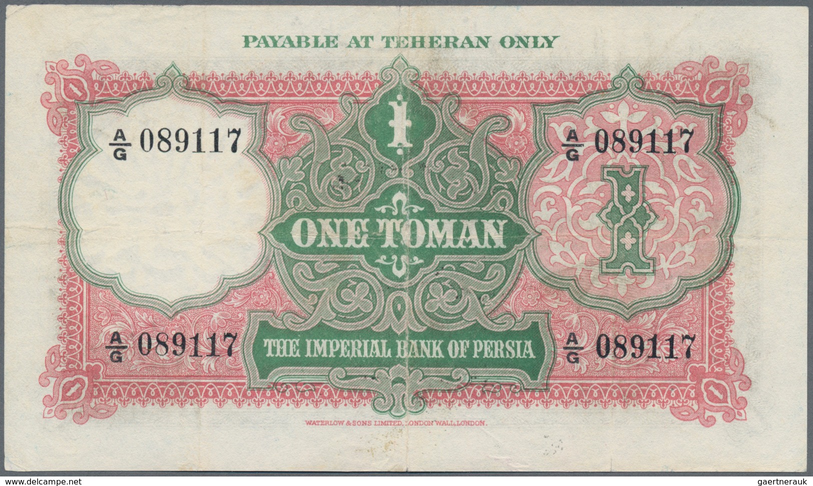 Iran: Imperial Bank Of Persia 1 Toman 1927, P.11 With Additional Overprint "Payable At Teheran Only" - Iran