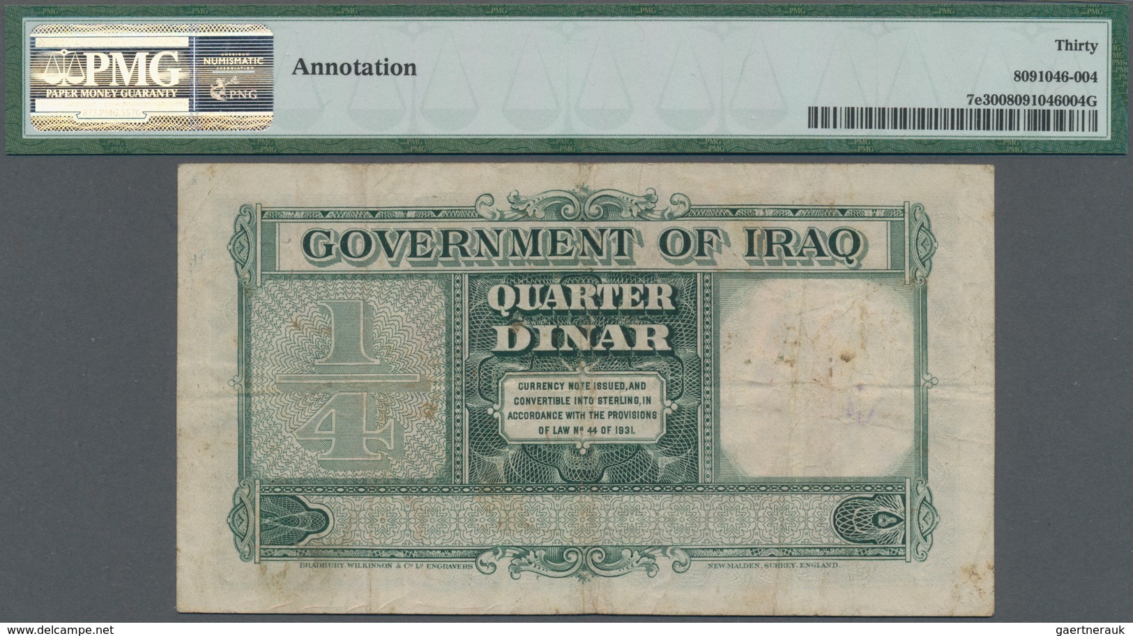 Iraq / Irak: Government Of Iraq ¼ Dinar 1931 (ND 1935), P.7e, Some Folds, Lightly Stained Paper And - Iraq