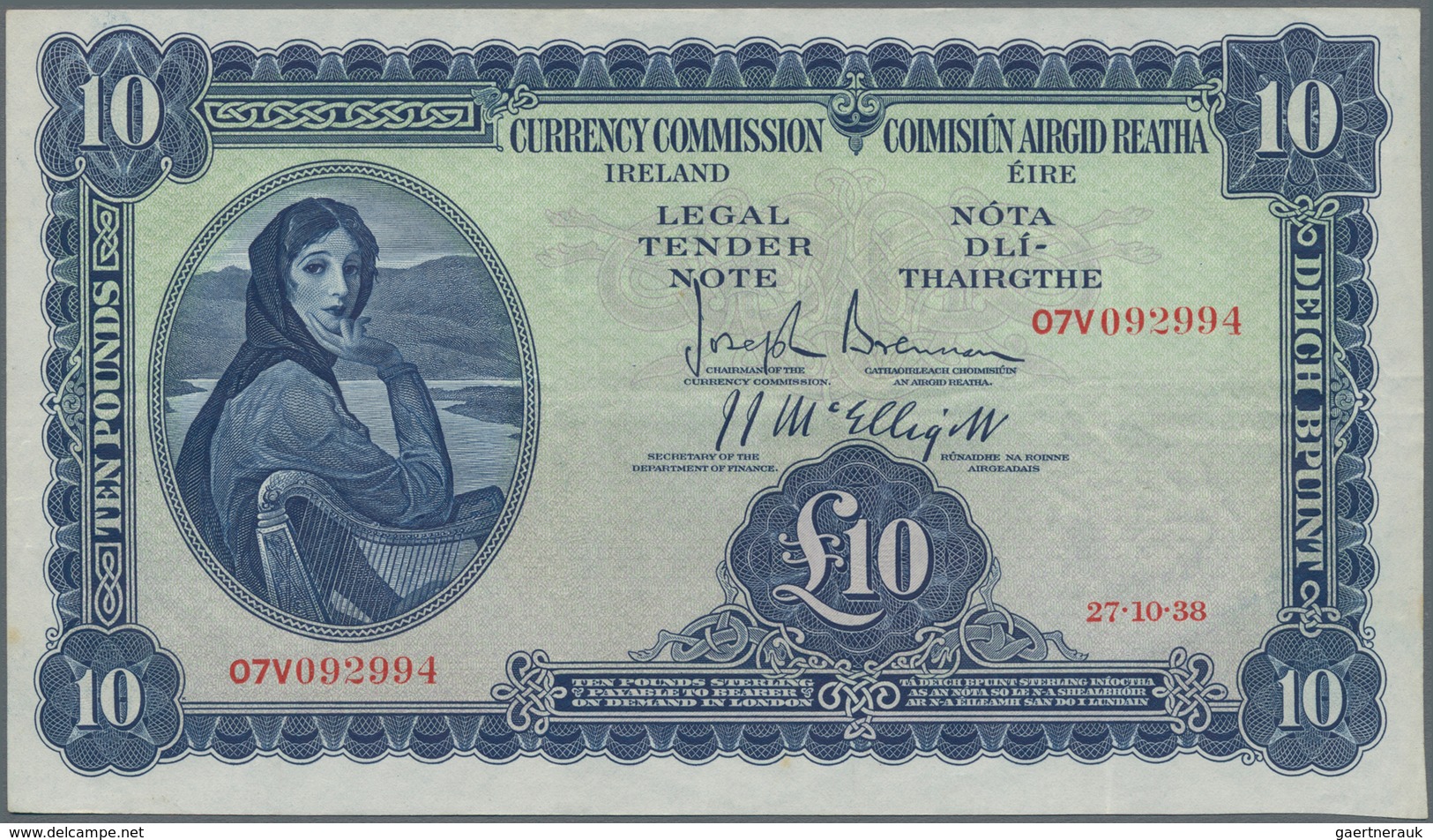 Ireland / Irland: 10 Pounds Lady Lavery Dated October 27th 1938 Without Code Letter, P.4B, Great Con - Irlanda