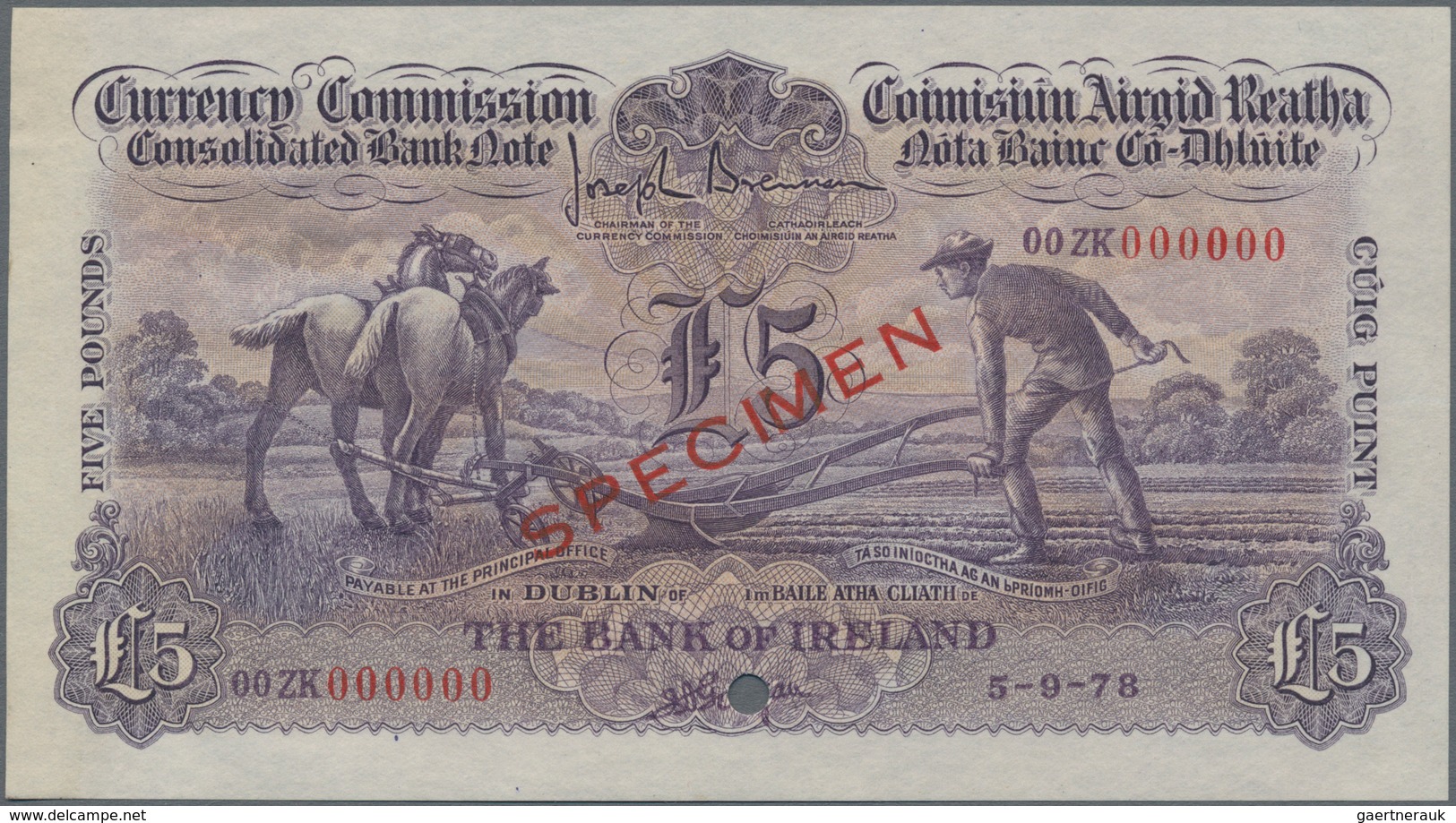 Ireland / Irland: The Bank Of Ireland 5 Pounds 1978 "Ploughman" With Signatures: Brennan & Gargan Co - Irland