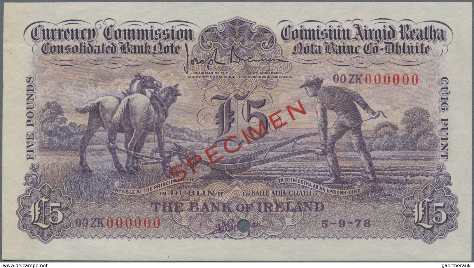 Ireland / Irland: The Bank Of Ireland 5 Pounds 1978 "Ploughman" With Signatures: Brennan & Gargan Co - Ierland