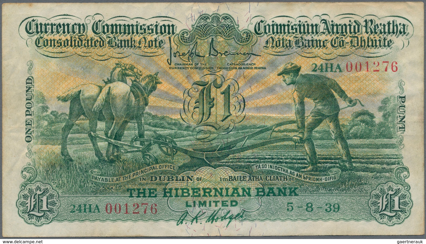 Ireland / Irland: The Hibernian Bank 1 Pound 1939 "Ploughman", P.14b, Still Great Condition With Lig - Ierland