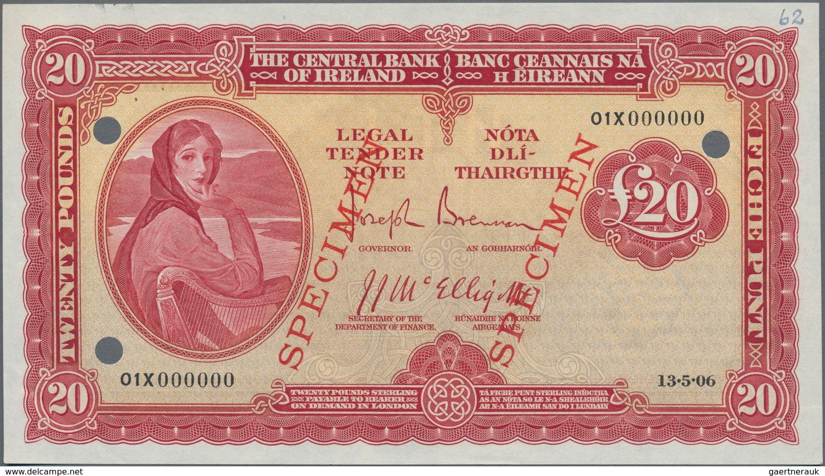 Ireland / Irland: The Central Bank Of Ireland 20 Pounds "Lady Lavery" (1945) With Signatures: Brenna - Irlanda