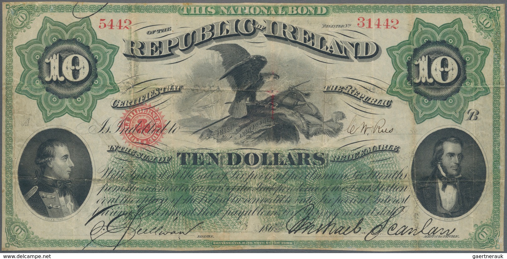 Ireland / Irland: National Bond Of 10 Dollars 1867, P.S102a, Some Folds And Tiny Holes At Center, In - Ierland