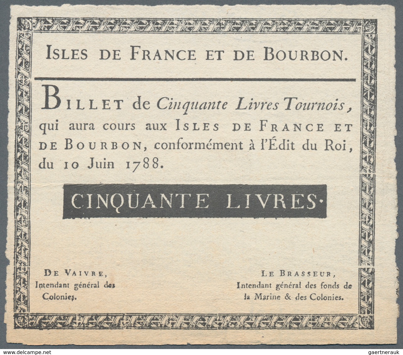 Isle De France Et De Bourbon: 50 Livres Tournois 1788 Contemporary Reprint By The Banque Du France W - Assignate