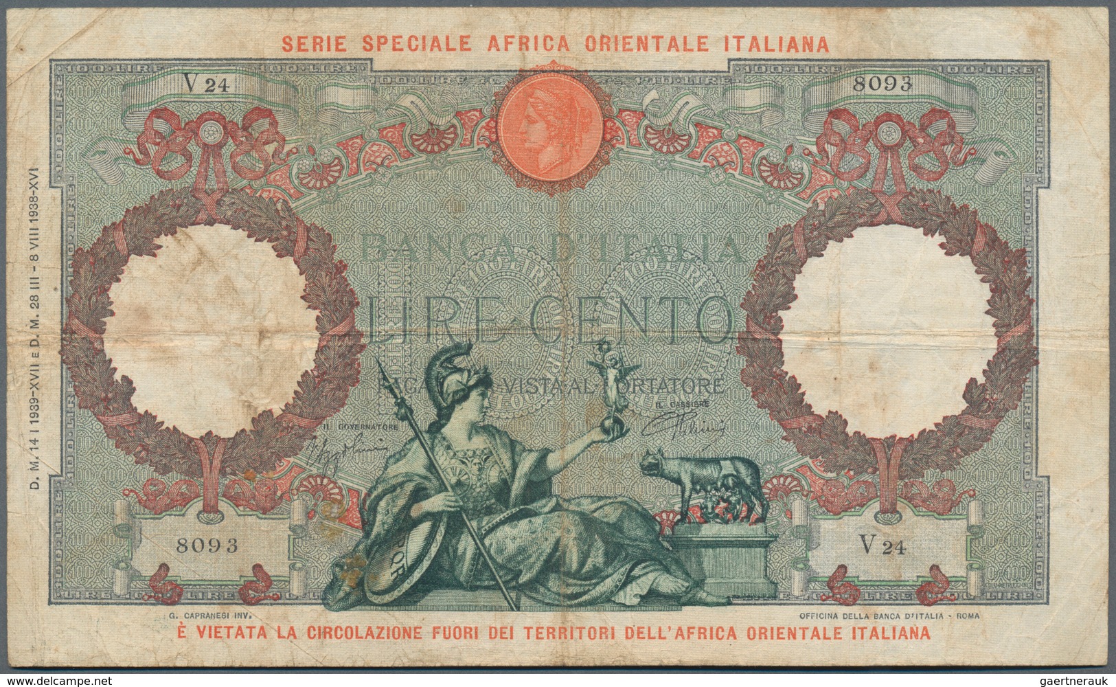 Italian East Africa / Italienisch Ost-Afrika:  100 Lire 1939 With Overprint "SERIE SPECIALE AFRICA O - Africa Oriental Italiana