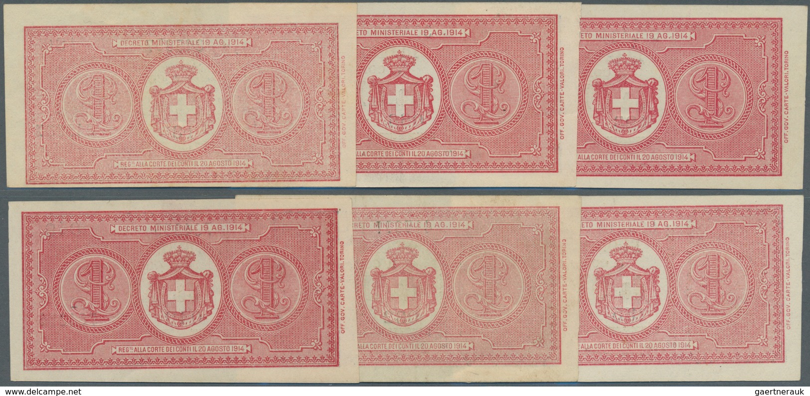 Italy / Italien: Set Of 6 Notes 1 Lira D.1914 P. 36 In Nice Condition, Crisp Original Paper And Brig - Andere & Zonder Classificatie