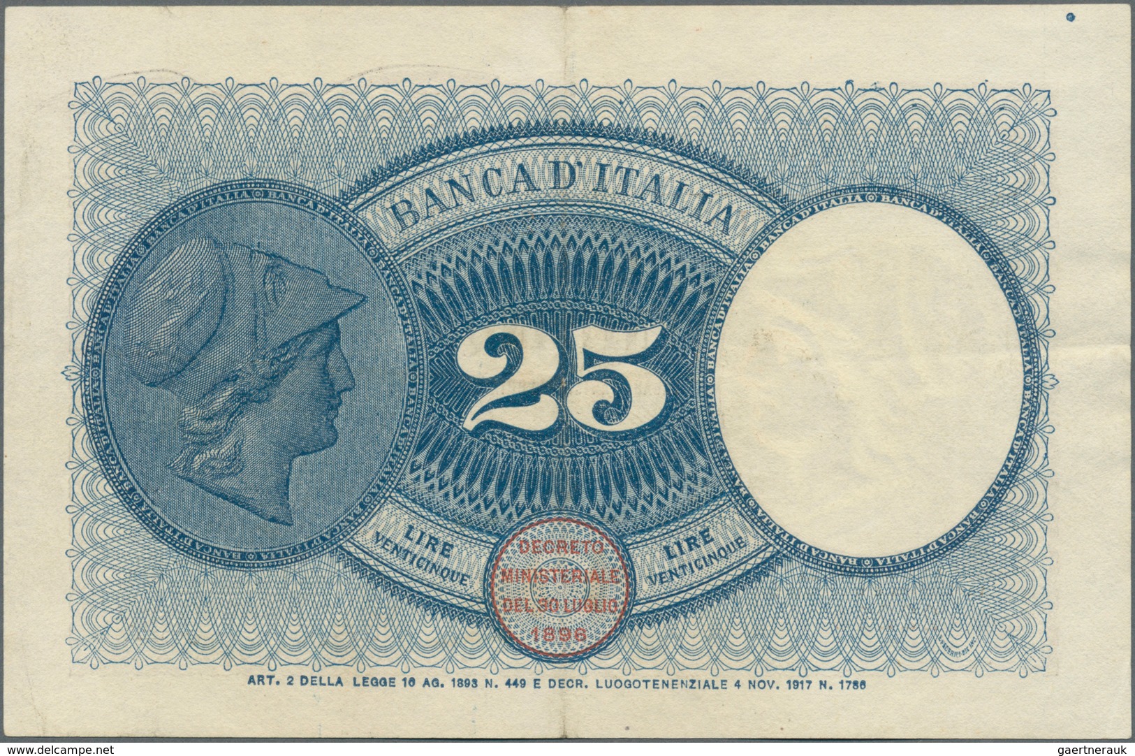 Italy / Italien: Rare Banknote Of 25 Lire 1918 P. 42 In Exceptional Condition With Light Center And - Otros & Sin Clasificación