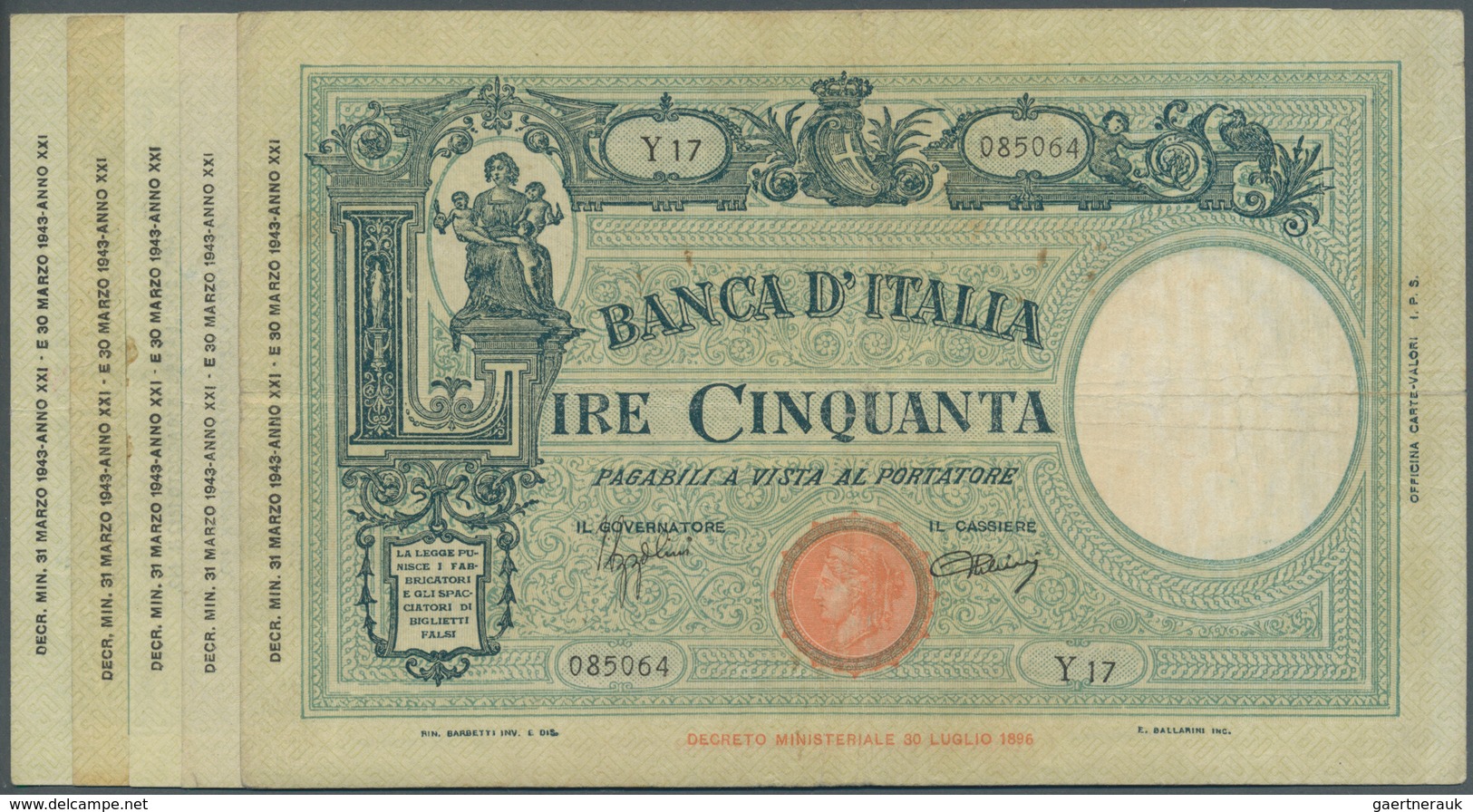 Italy / Italien: Set Of 5 Notes 50 Lire 1943 P. 65, All In Similar Conditoin, Used With Folds, But S - Otros & Sin Clasificación