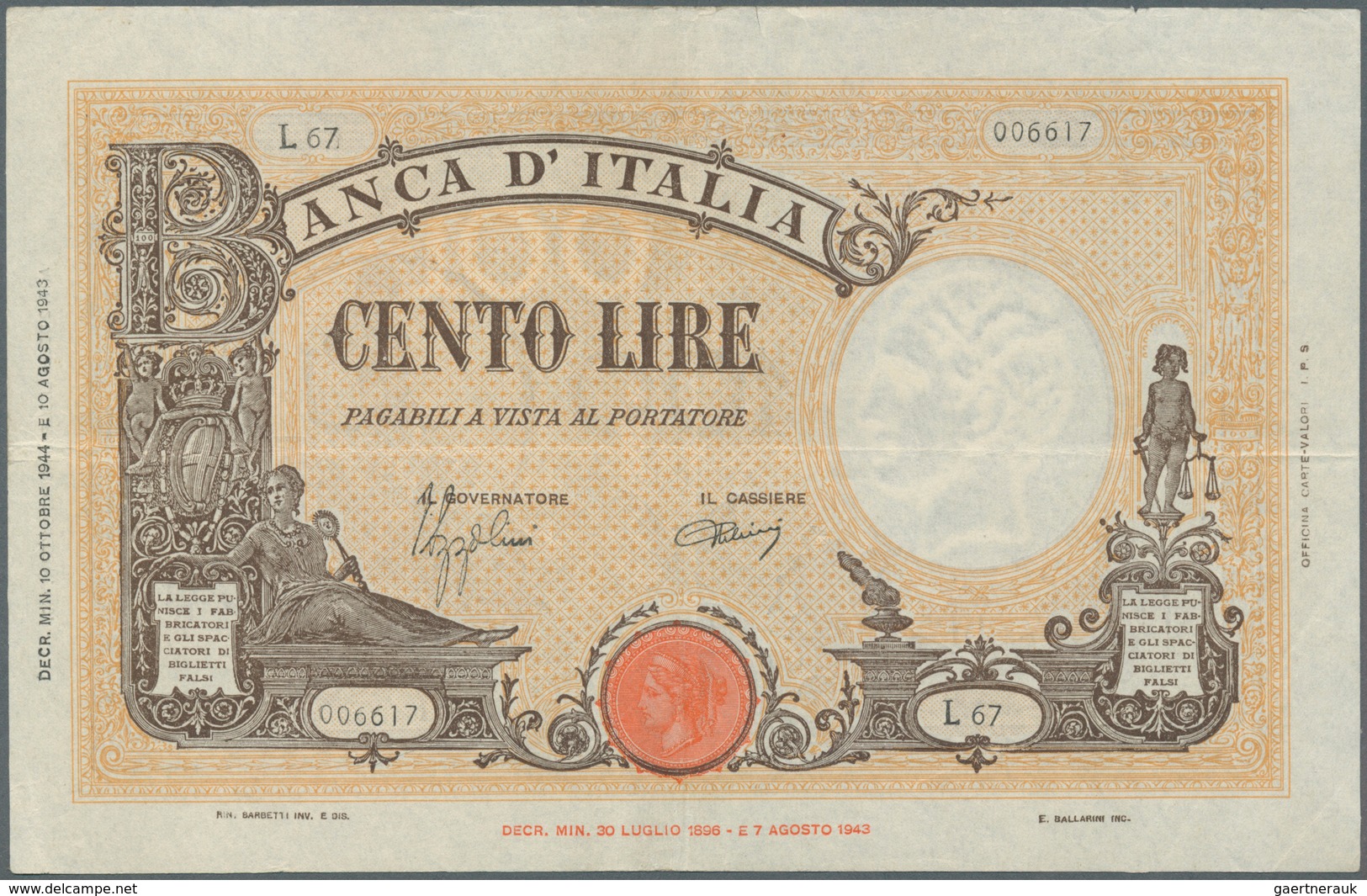 Italy / Italien: set of 5 notes 100 Lire 1943/44 P. 67, all in similar condition, light folds in pap