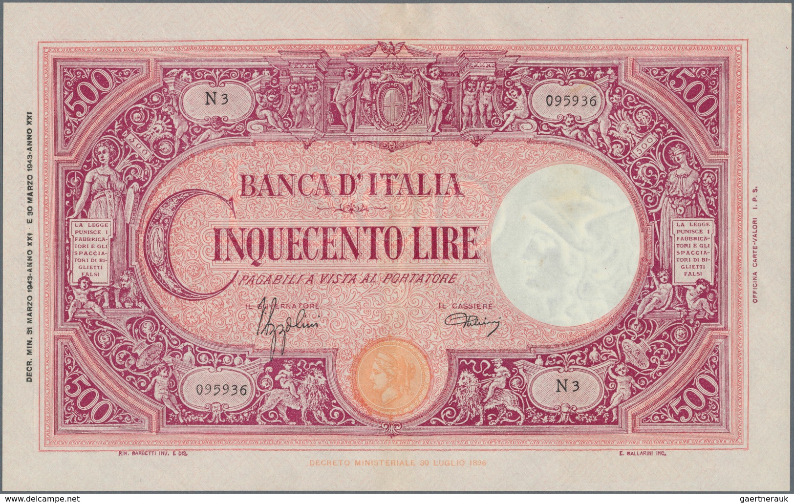 Italy / Italien: 500 Lire 1943 P. 69, One Light Center Fold, No Holes Or Tears, Not Washed Or Presse - Sonstige & Ohne Zuordnung