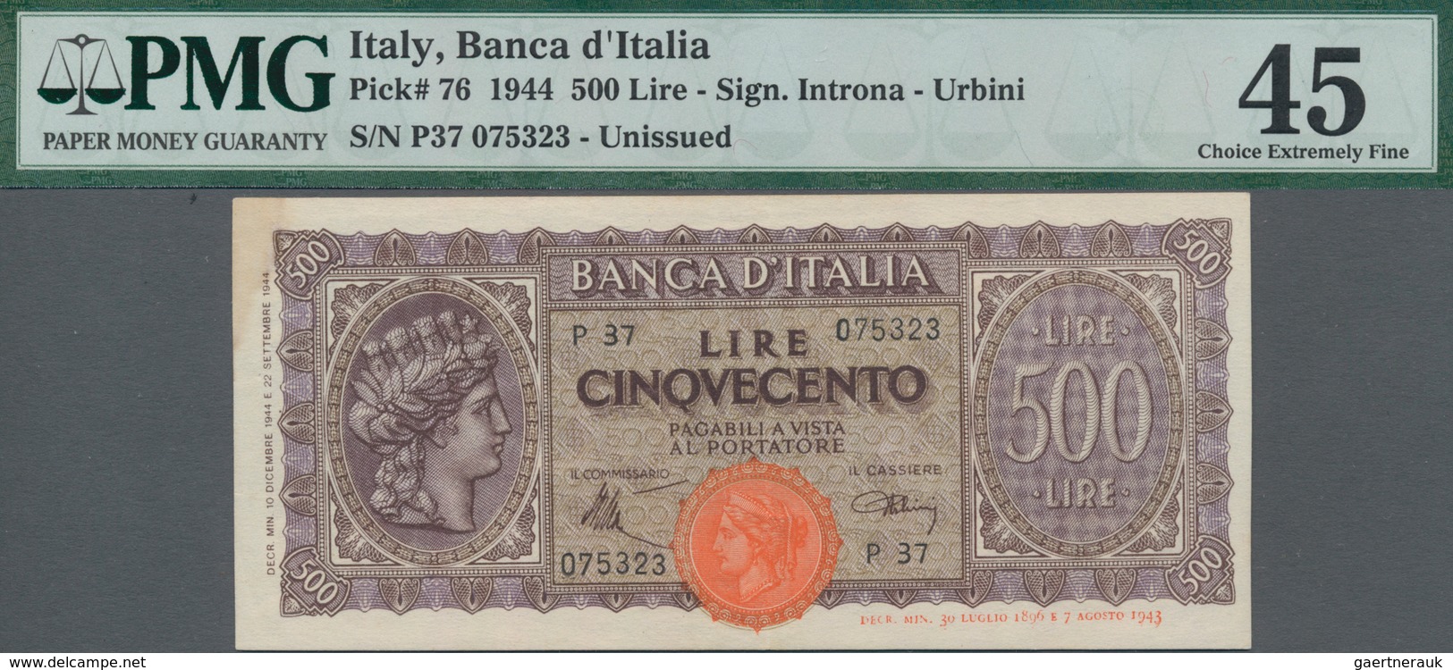 Italy / Italien: 500 Lire 1944 P. 76, Highly Rare Note, Center Fold And Two Further But Lighter Vert - Sonstige & Ohne Zuordnung