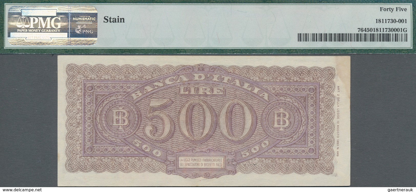 Italy / Italien: 500 Lire 1944 P. 76, Highly Rare Note, Center Fold And Two Further But Lighter Vert - Sonstige & Ohne Zuordnung