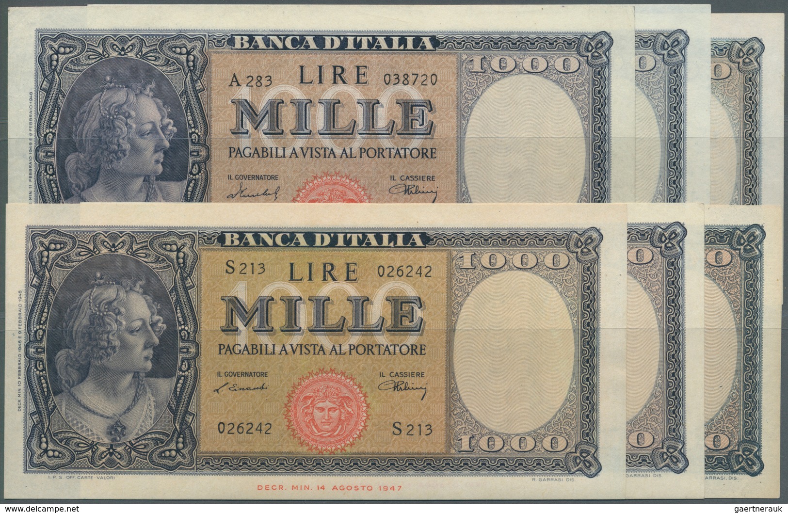 Italy / Italien: Set Of 6 Notes Containing 2x 1000 Lire 1943 P. 82 And 4x 1000 Lire 1947 P. 83, All - Sonstige & Ohne Zuordnung