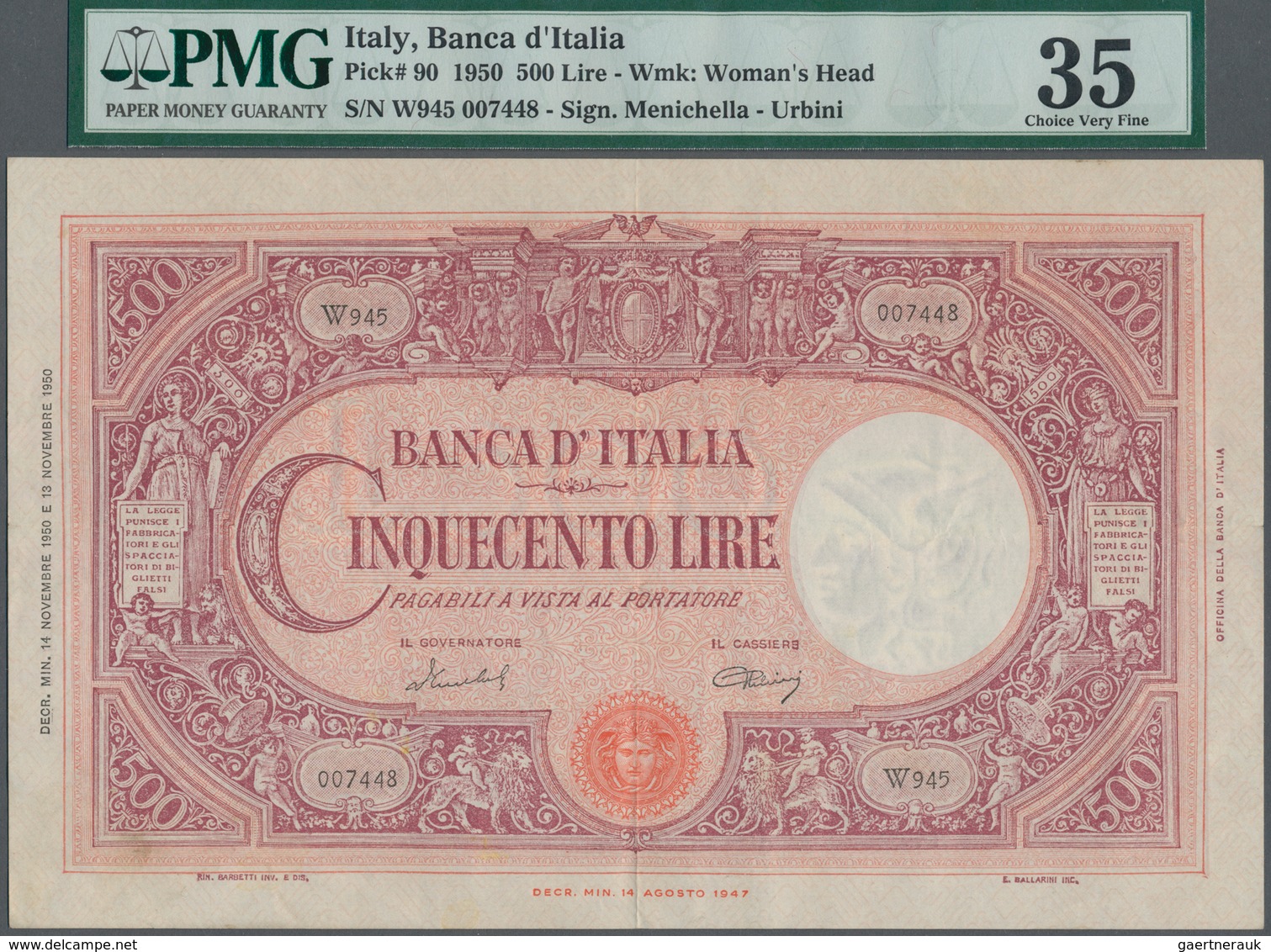 Italy / Italien: 500 Lire 1950 P. 90, Rare And Searched-for Issue, Center Fold, Lighter Horizontal F - Otros & Sin Clasificación