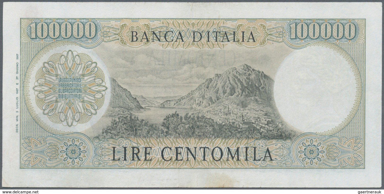 Italy / Italien: 100.000 Lire 1967 P. 100a Manzoni, S/N B003488C, Washed And Pressed, Minor Border T - Otros & Sin Clasificación