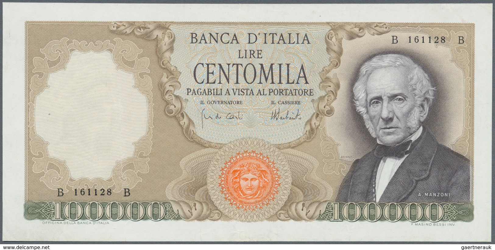 Italy / Italien: 100.000 Lire 1974 P. 100c Manzoni, S/N B 161128 B, Light Vertical Folds In Paper, P - Otros & Sin Clasificación
