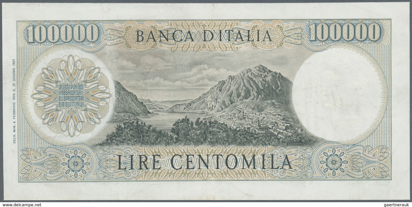 Italy / Italien: 100.000 Lire 1974 P. 100c Manzoni, S/N B 161128 B, Light Vertical Folds In Paper, P - Other & Unclassified