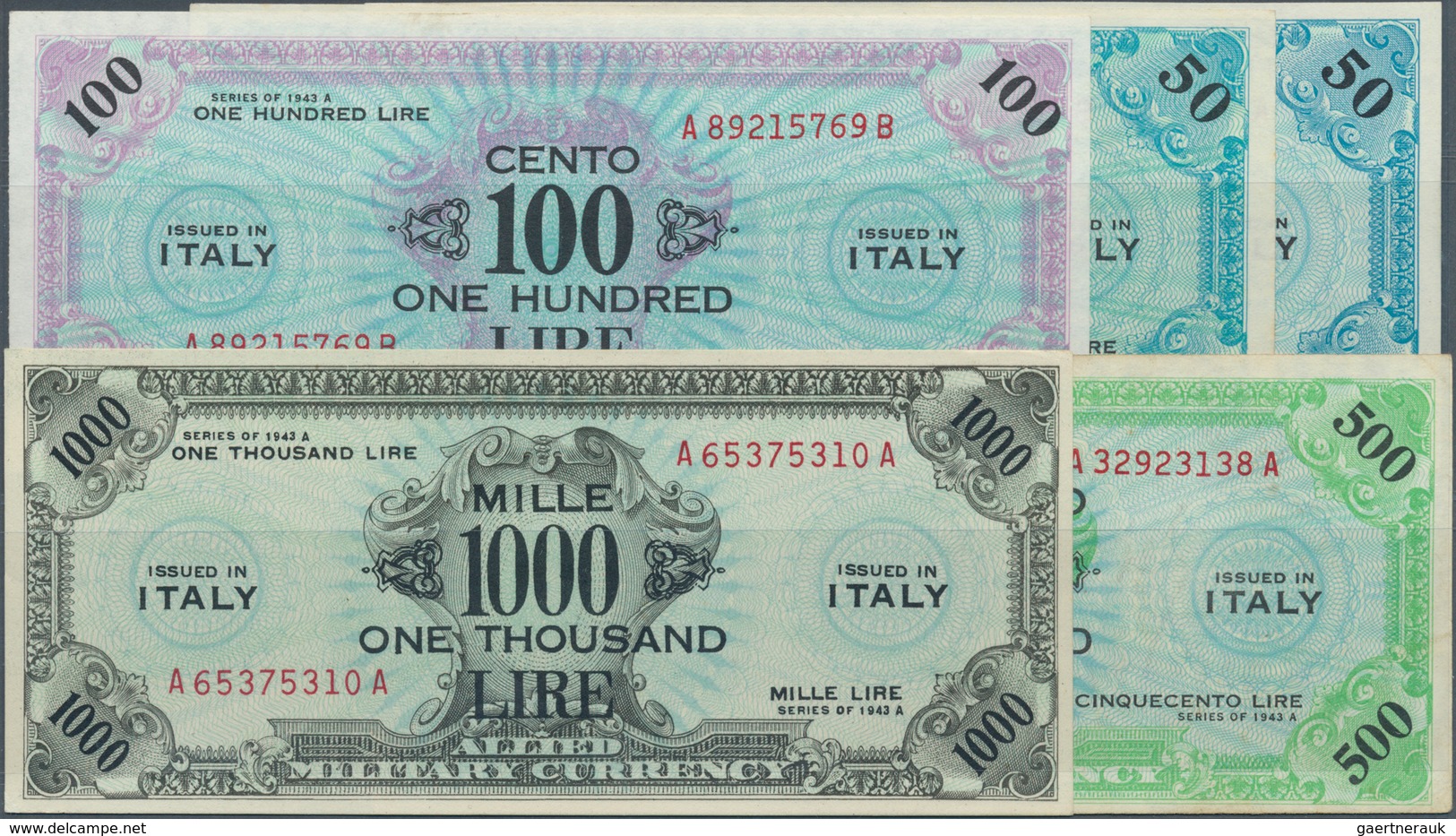 Italy / Italien: Set Of 5 Notes Allied Military Currency Containing 50 Lire 1943, 50, 100, 500 & 100 - Otros & Sin Clasificación